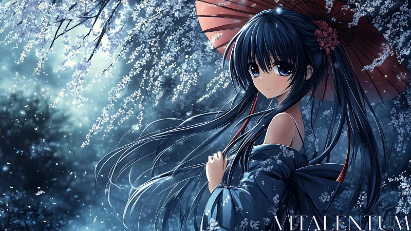 Midnight sakura girl stands beneath a storm of blossoms