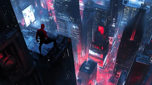 Rooftop guardian watching neon city streets below at night.