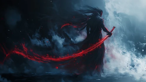 Lone dark warrior with a glowing red sword in misty night.