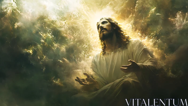 Radiant holy figure ascends through luminous golden clouds.
