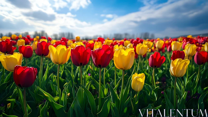 Dense tulip field composition exhibiting chromatic stratification and atmospheric perspective