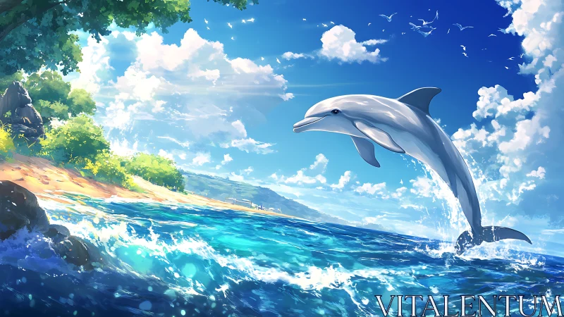 High-energy dolphin breach rendered in stylized coastal seascape light