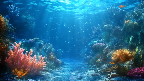 Sunlit coral reef valley glows beneath clear tropical water