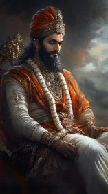 Regal warrior in ornate orange and white royal attire.