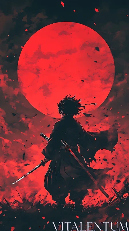 Silhouetted samurai confronts oversized crimson moon in stylized dusk