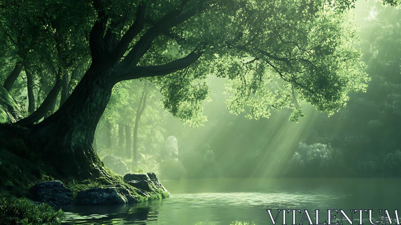 Illuminated forest stream with mature tree formation.