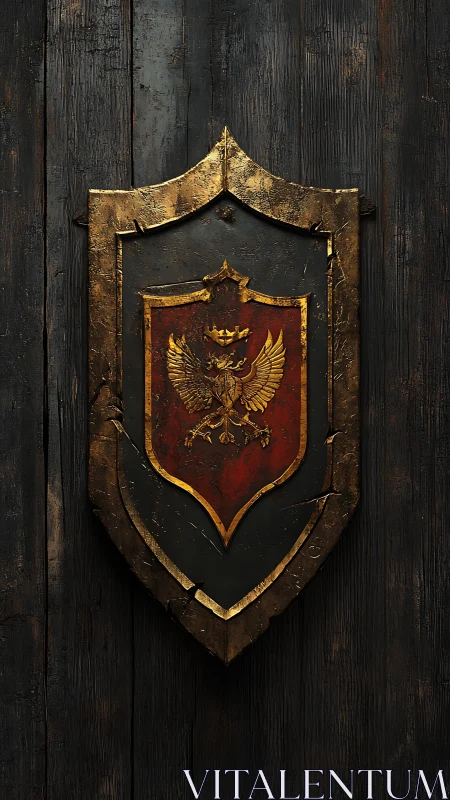 Weathered heraldic shield with gilded phoenix crest emblem.