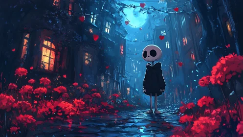Lonely skeleton child in blue night street of red flowers.