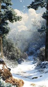 Winter's Quiet Gateway Through Frost-Kissed Trees.