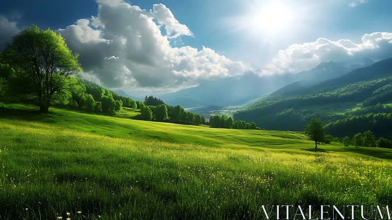 Sunlit alpine valley with rolling meadows and distant peaks.