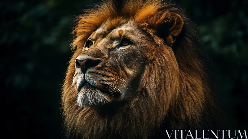 Photorealistic lion portrait with dramatic low-key lighting.