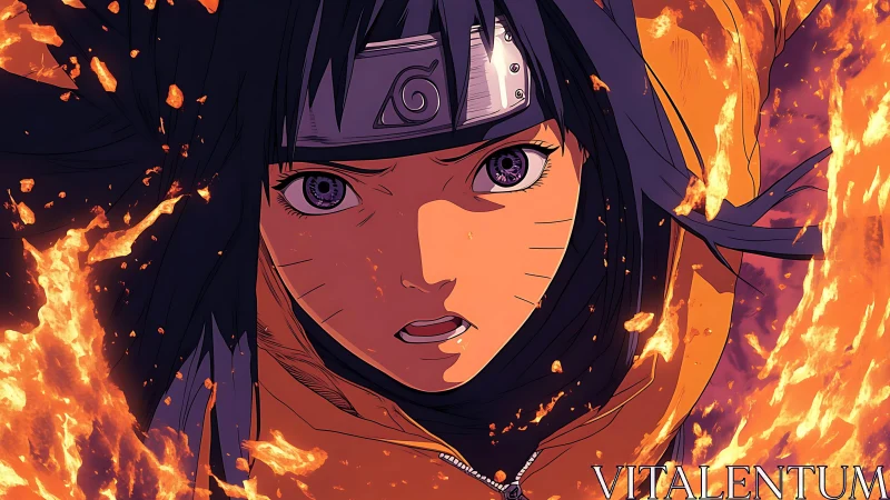 Fiery anime warrior charges forward through swirling flames.