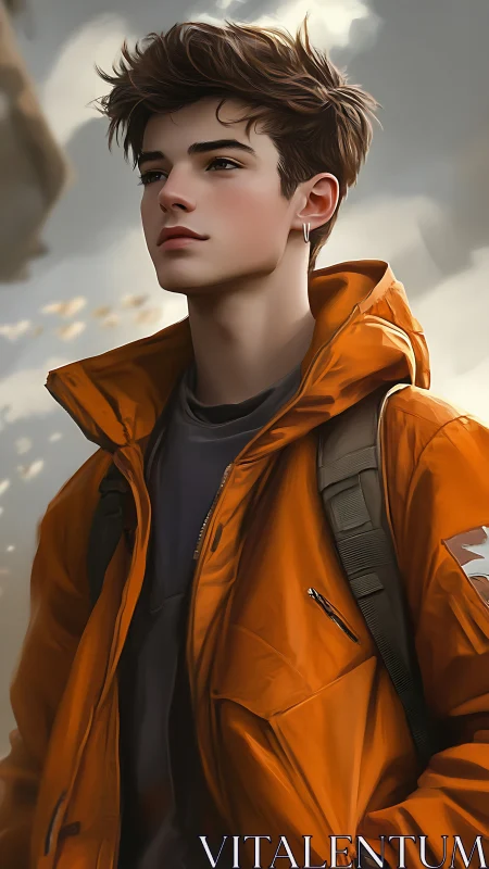 Digital portrait of young hiker in bright orange jacket.