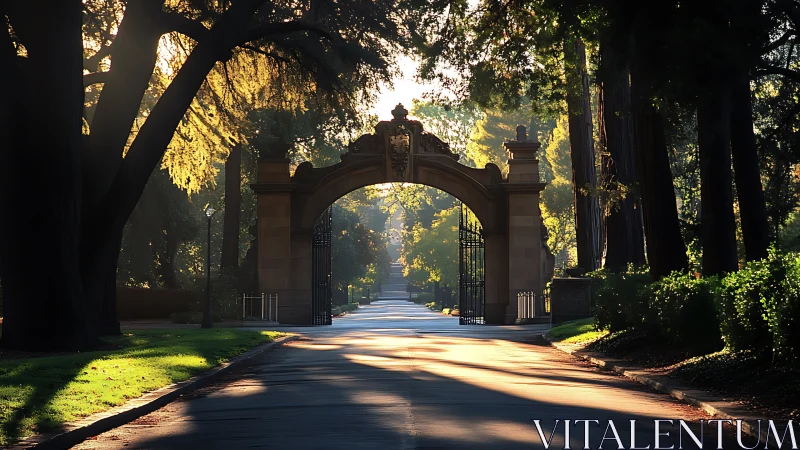 Sunlit stone gateway welcoming a quiet, tree-lined avenue.