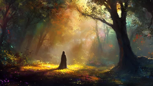 Wanderer in a sunlit forest of quiet magic and wonder.