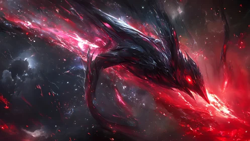 Digital painting of cosmic infernal bird in motion blur form.