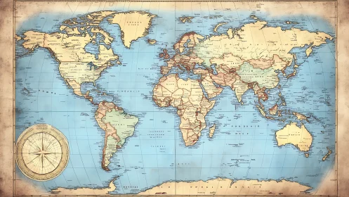 Vintage political world map with decorative compass rose layout.