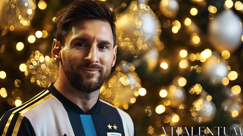 Smiling football player stands before festive bokeh lights.