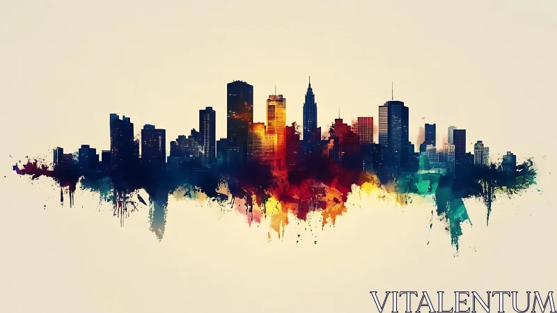 Colorful city skyline with bold abstract paint splashes.