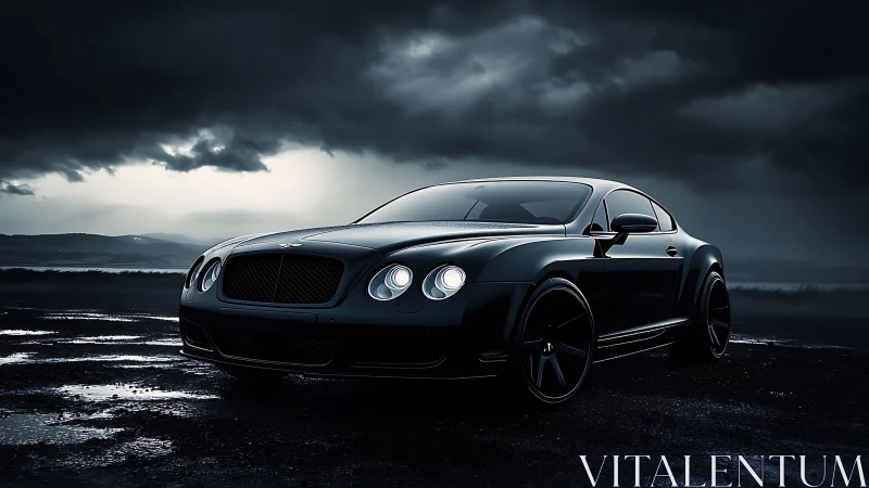 Sleek black coupe glowing softly under a stormy night sky.