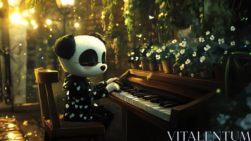 Panda pianist in luminous garden with glowing bokeh lights.