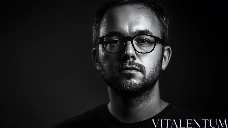 Moody black and white portrait under dramatic side light.