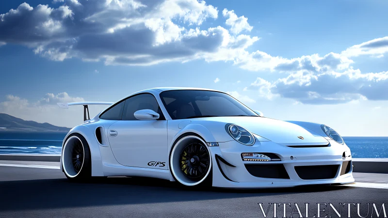 White Porsche race car rests beside ocean under clear sky