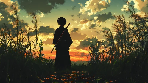 Lone sword-bearing figure studies blazing orange sunset sky