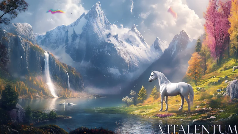 White horse beside alpine lake with waterfalls and peaks.
