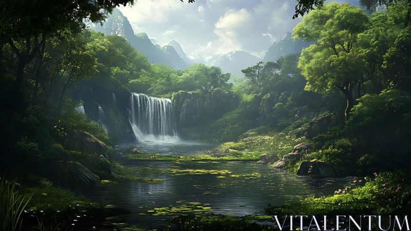 Waterfall Cascade Through Verdant Forest Valley.