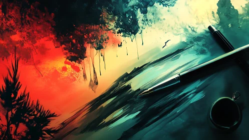 Chromatic landscape sketch with pens on abstract canvas