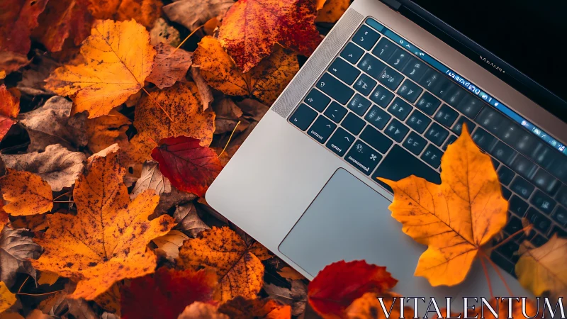 Laptop keyboard amid vivid autumn maple leaves outdoors.