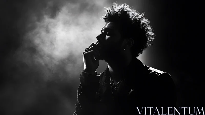 Shadow-drenched thinker exhales light into drifting smoke