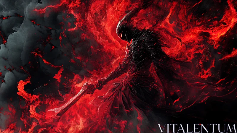 Flaming armored warrior silhouette holds sword amid red fire