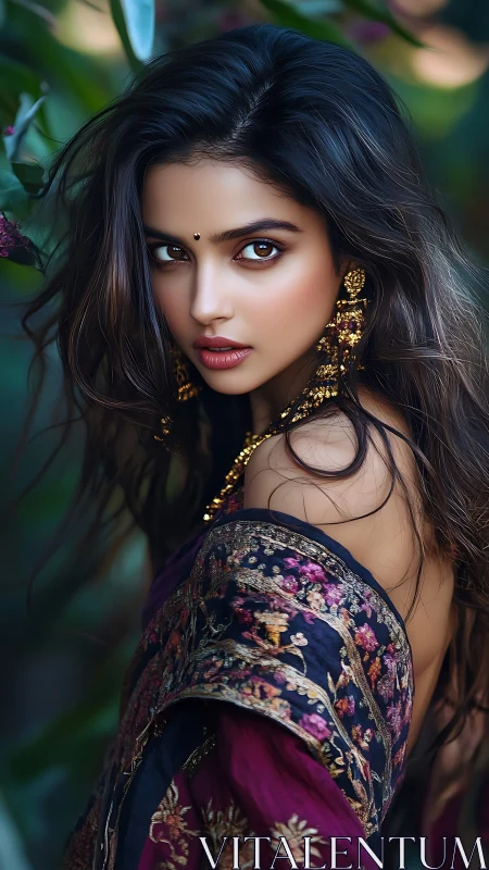 Portrait of woman in embroidered shawl with gold jewelry.