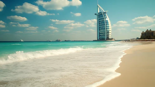 Sail-shaped Dubai hotel tower on turquoise Gulf shoreline at midday