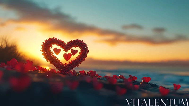 Luminescent Heart with Rose Petals at Sunset Shoreline.