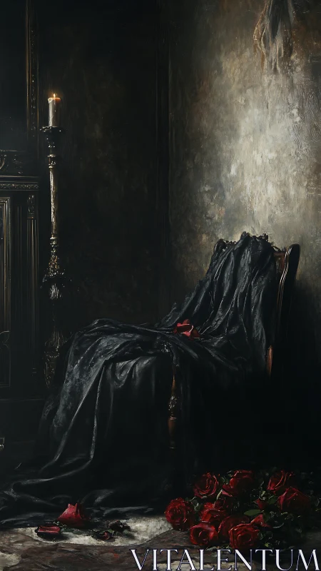 Dark velvet chair with candlelight and scattered red roses.