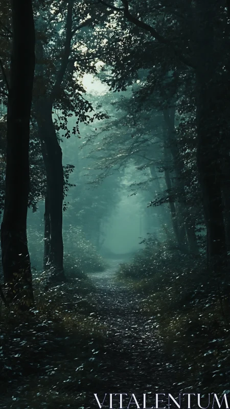 Mystical Forest Path Shrouded in Ethereal Mist.