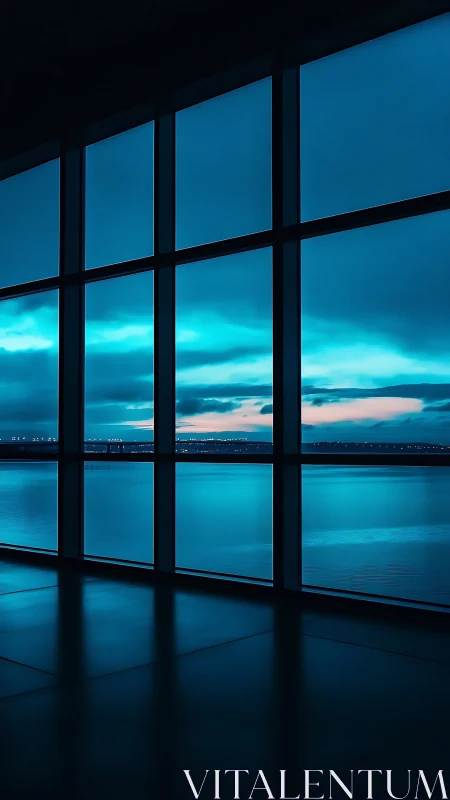 Large grid window overlooks blue water under dusk clouds