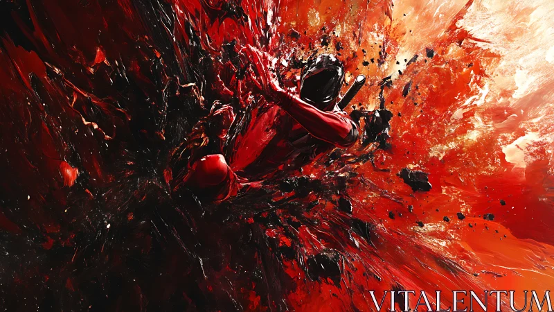 Kinetic crimson warrior amid explosive fractal paint vectors.