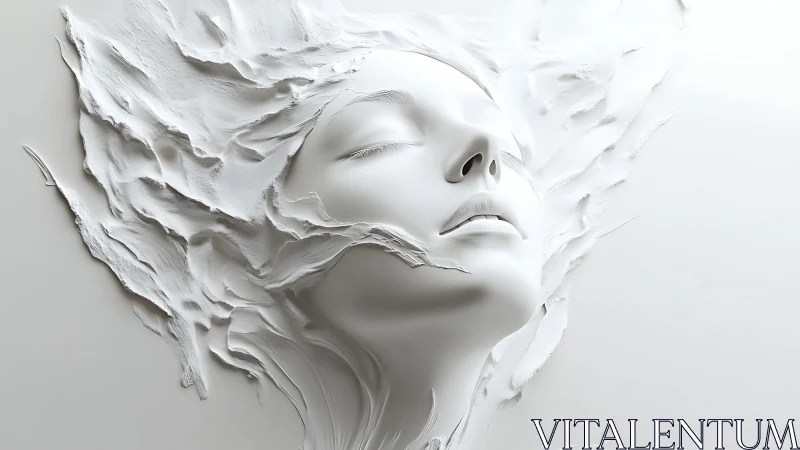 Monochrome sculpted face with flowing textured contours.