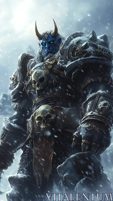 Horned ice warlord in heavy skull armor stands in snow.