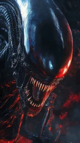 Biomechanical alien creature with open jaws in red light.