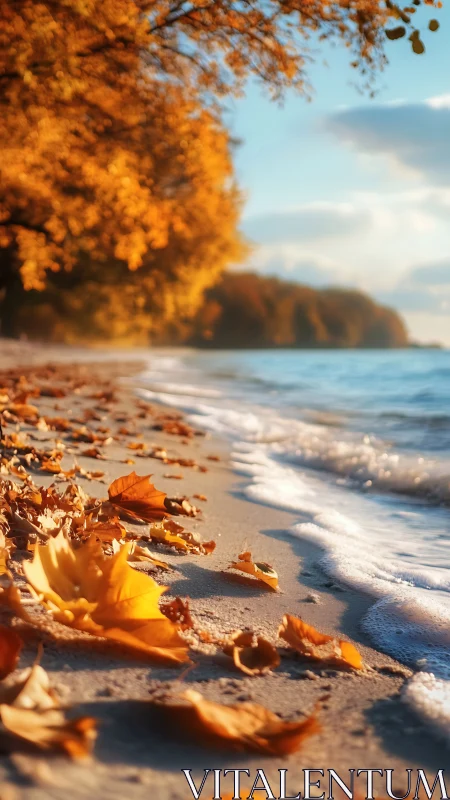 Autumn leaves scattered along a calm sandy shoreline.