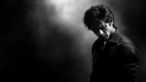 Brooding male portrait in high contrast monochrome light.