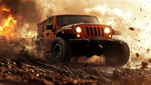 Off-road jeep powers through flying mud and blazing sparks