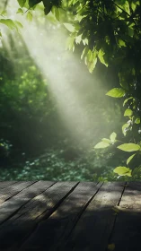 Sunlit forest deck catches soft morning light beams