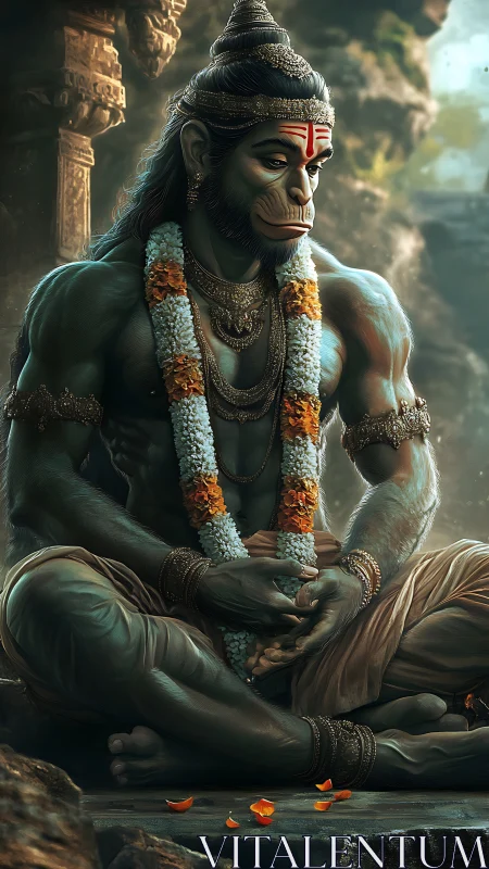 Muscular simian deity in meditative asana with garland rendering