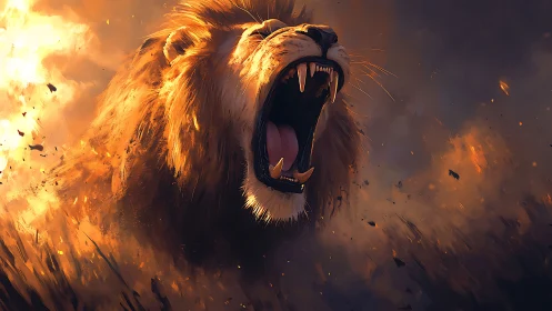 Roaring lion bursts through swirling fire and smoky dusk sky